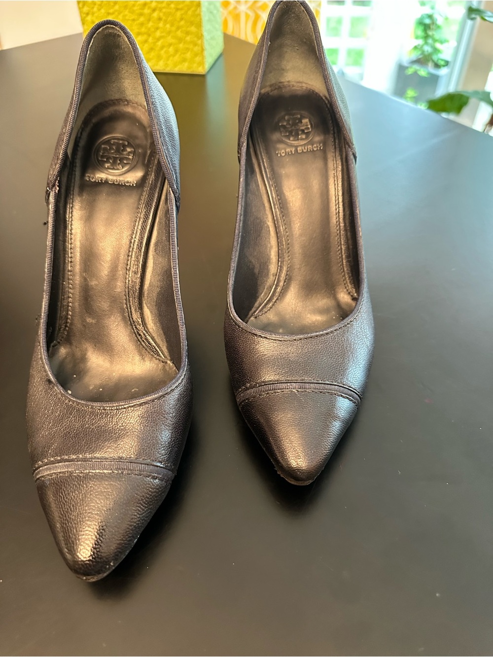 Tory Burch Navy Pointed Toe Leather Heels w/ Gold T on Heel